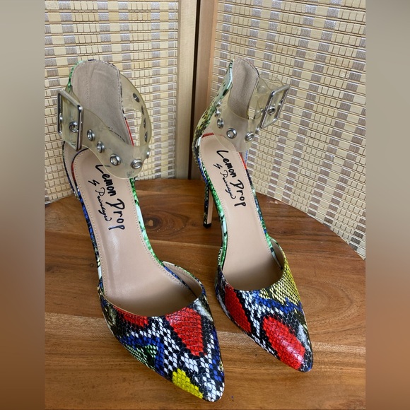 🔶Lemon Drop Zaya Ankle Strap Multi Color Pumps Pointed Toe High Heels Size 7 - Picture 2 of 7